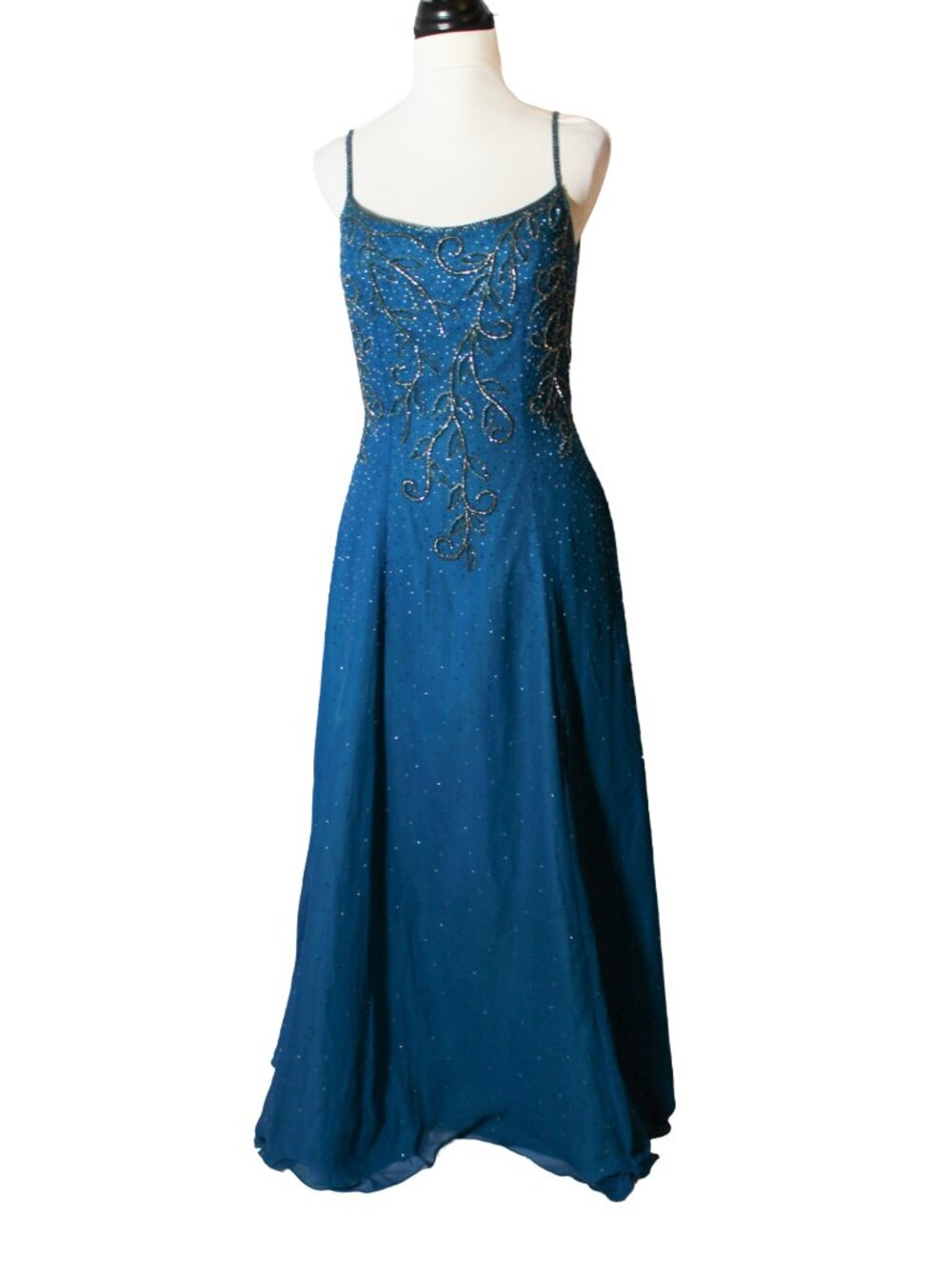 Vintage 90s Teal Silk Beaded Whimsigoth Gown Modern Size 6/8
